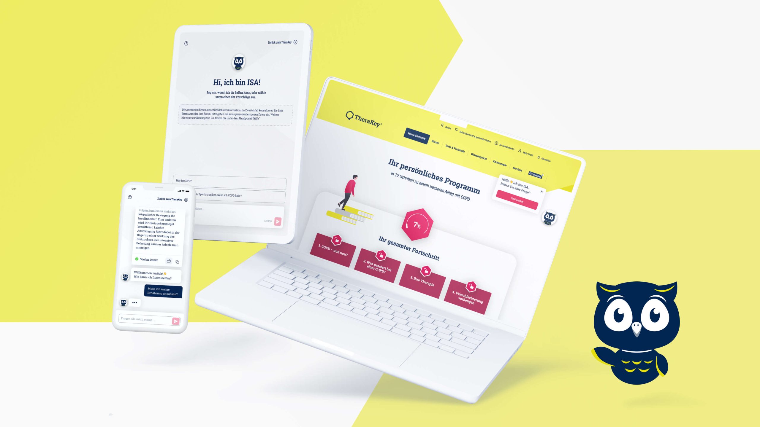 Mehrere Geräte zeigen die TheraKey-Website: Laptop, Tablet und Telefon, unterstreichen ein responsives und adaptives Design.