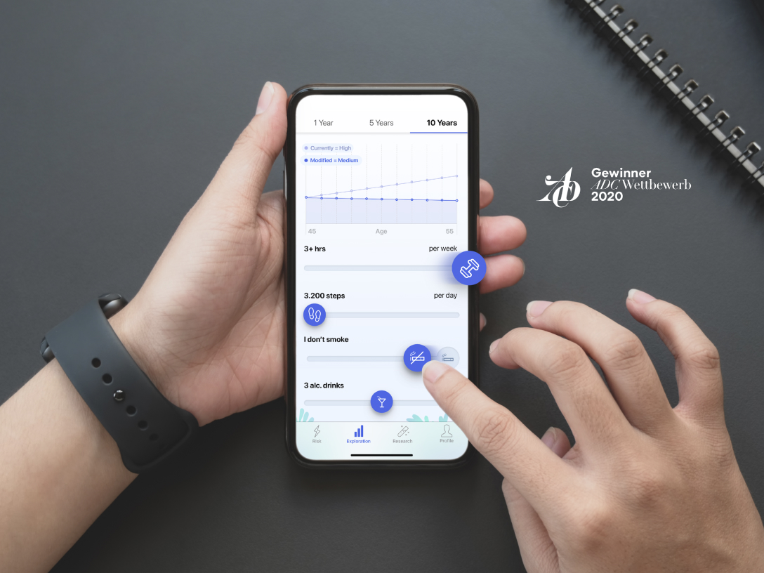 Smartphone held in hand with the HealthAdvisor app opened