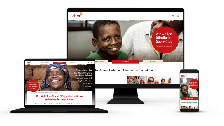 Tablet-, Desktop- und SmartphoneScreen mit Website der Christoffel-Blindenmission