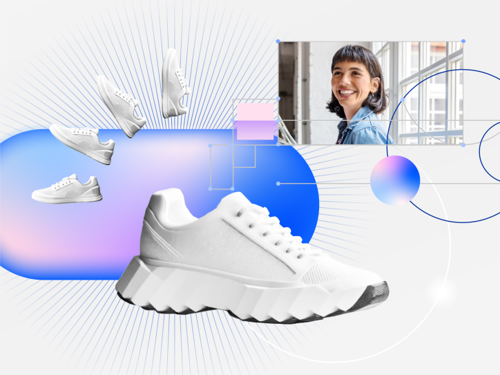 Grafikdesign eines weißen Sneakers mit abstrakten Formen und Linien auf einem bunten Hintergrund, neben einem Bild einer lächelnden Frau.