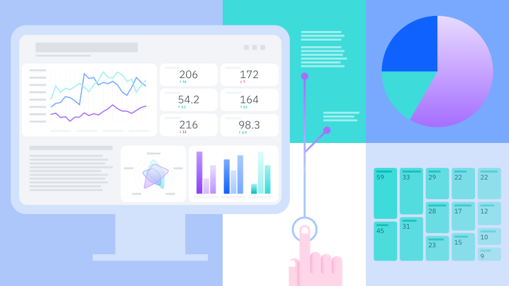 Illustration eines Computerbildschirms, der Diagramme und Grafiken zeigt, darunter Liniendiagramme, Balkendiagramme und ein Kreisdiagramm. Eine Hand zeigt auf den Bildschirm und deutet auf eine Interaktion hin.